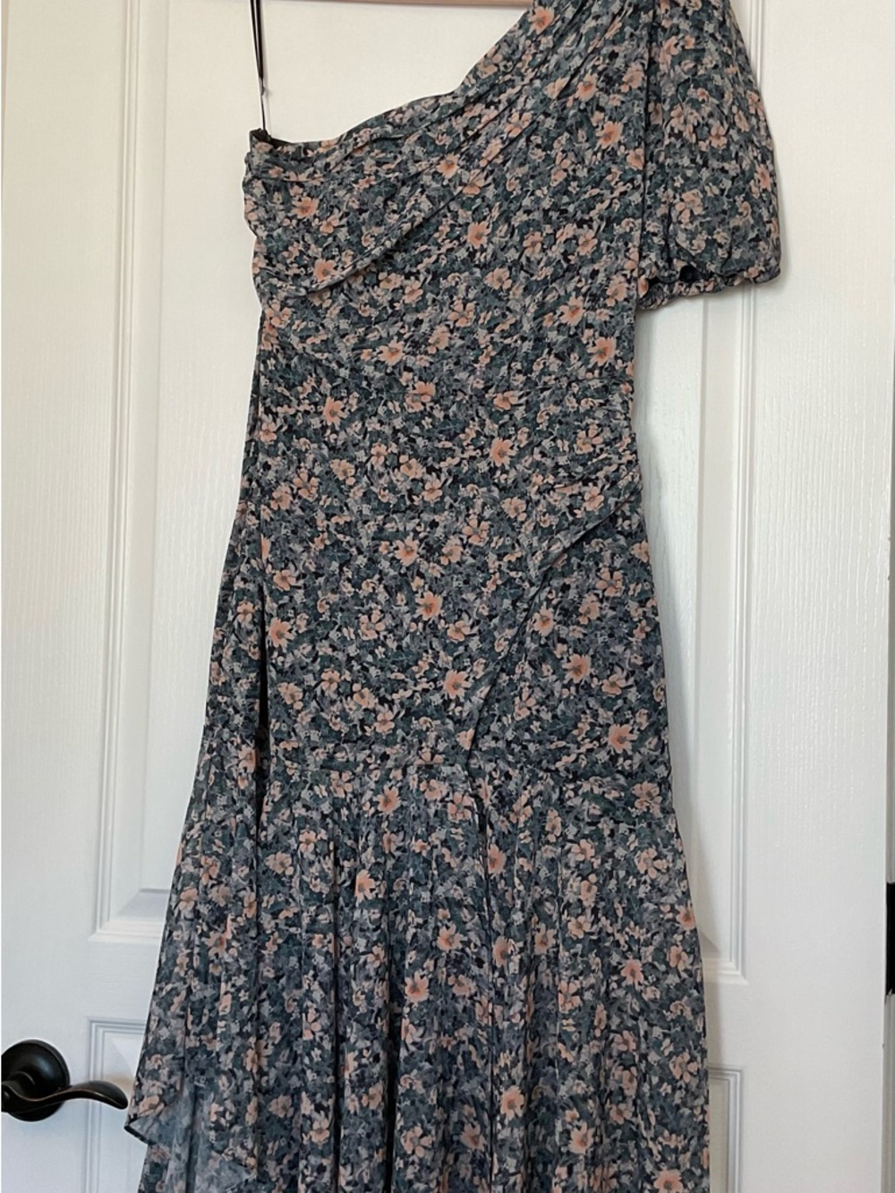 Astr One-Shoulder Floral Midi Dress in Blue and Blush.